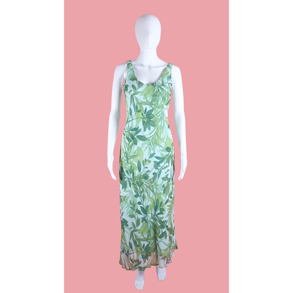 1990s-Y2K ANN TAYLOR SILK Tropical Leaf. Botanical Maxi Dress. Small. As Is